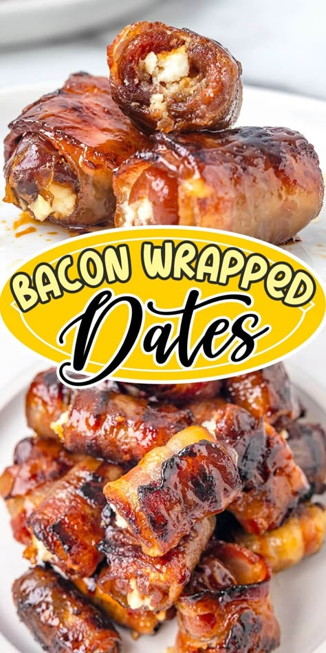 Bacon Wrapped Dates Date Bacon Goat Cheese Dip, Bacon Covered Dates, Bacon Wrapped Dates With Balsamic Glaze, Bacon Themed Food, Bacon Wrapped Dates With Cream Cheese, Bacon Wrapped Dates With Goat Cheese, Rumaki Recipe Bacon Wrapped, Dates Appetizer Recipes, Easy Crowd Pleasing Appetizers