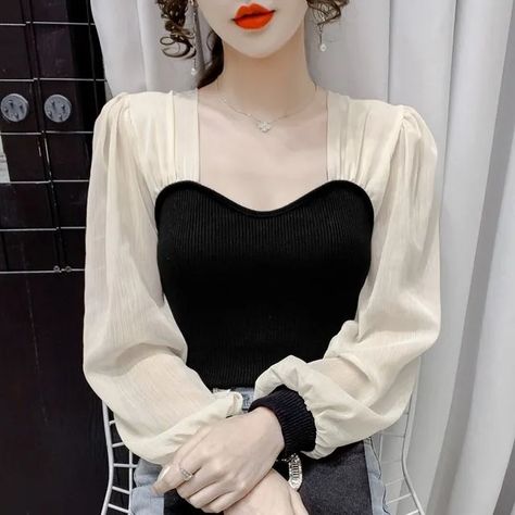 Luminato - Puff-Sleeve Square-Neck Chiffon Panel Knit Top Streetwear Blouse, Fashion Patchwork, Blouses Women, Square Neck Top, Outfit Women, Evening Attire, Long Blouse, Flowing Maxi Dress, Glamorous Evening Gowns