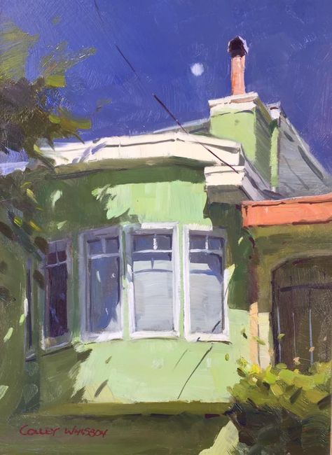 Colley Whisson, Moonrise over San Francisco, USA. Colley Whisson, Arte Indie, Modern Impressionism, Canvas For Beginners, Architecture Painting, Arte Inspo, Beginner Painting, Plein Air Paintings, Green House