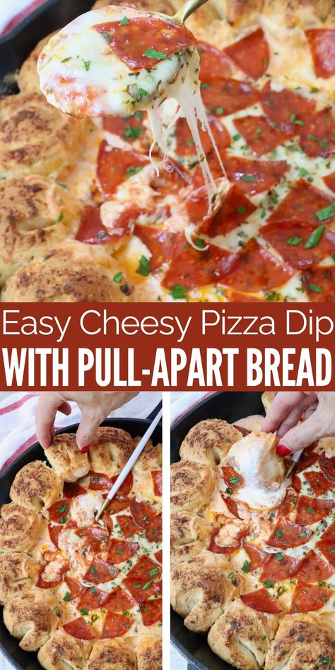 Dip into your new favorite appetizer with this easy, cheesy Pizza Dip recipe. It's made with layers of creamy, melty cheese, warm marinara sauce, and pepperonis, surrounded by buttery pieces of bread, perfect for pulling apart and dipping in the flavorful baked pizza dip! Pizza Appetizer Recipes, Baked Pizza Dip, Cheesy Pizza Dip, Pizza Dip Recipes, Pull Apart Pizza Bread, Garlic Bread Pizza, Baked Pizza, Pizza Dip, Pizza Appetizers