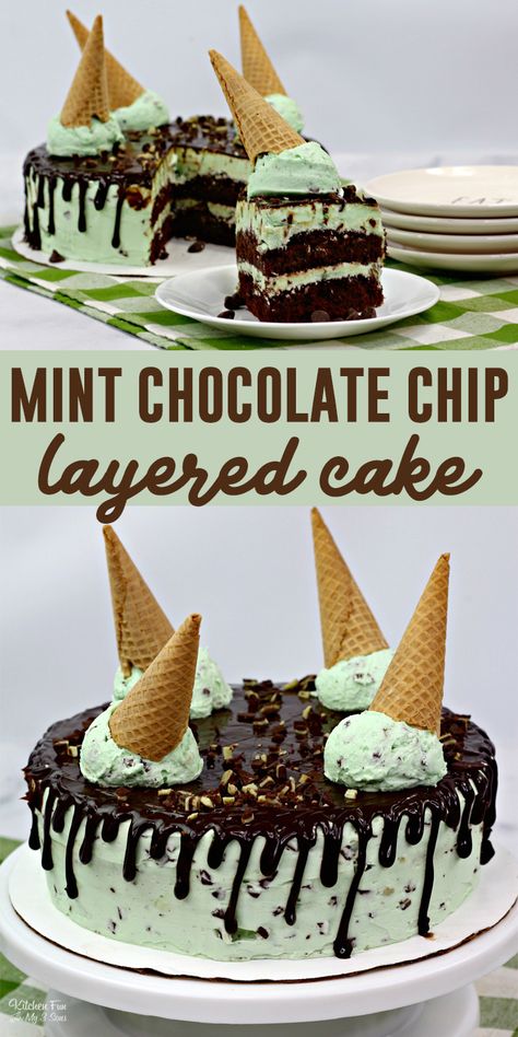 Mint Chocolate Chip Cake is a simple boxed chocolate cake mix with layers of a delicious homemade mint chocolate chip frosting. Top it off with ganache, frosting as ice cream and a waffle cone. Perfect for St Patricks Day. Cake Recipes #food #yummy #cake #recipe #mint #andesmint #dessert Mint Chocolate Chip Ice Cream Cake, Mint Chocolate Chip Cake, Ganache Recipes, Simple Chocolate Cake, Simple Layers, Chocolate Chip Frosting, Cake With Layers, Chocolate Mint Brownies, Mint Chocolate Cake