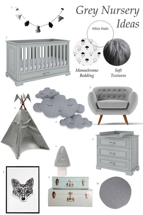 The Only Girl in the House, Grey Nursery Ideas for baby bedroom in monochrome with grey baby furniture Bedroom Clouds, Grey Nursery Furniture, Room Clouds, Grey Nursery Ideas, Grey Cot, Nursery Gray, Bedroom Collage, Grey Bedroom Furniture, Baby Nursery Room