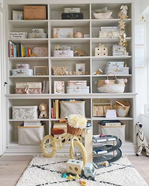 Floor-to-Ceiling Storage Shelves in White Playroom - Soul & Lane Bookshelf With Storage Bins, White Playroom, Bookshelf Inspo, Creative Toy Storage, White Shelving Unit, Toy Room Organization, Playroom Shelves, Playroom Makeover, Floor To Ceiling Bookshelves