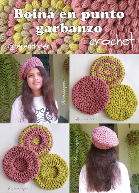 Boina en punto garbanzo o puff a crochet... paso a paso en video tutorial! Crochet Beret Pattern, Crochet Puff Stitch, Puff Stitch Crochet, Beret Pattern, Baby Kimono, Crochet Beret, Crochet Cap, C2c Crochet, Puff Stitch