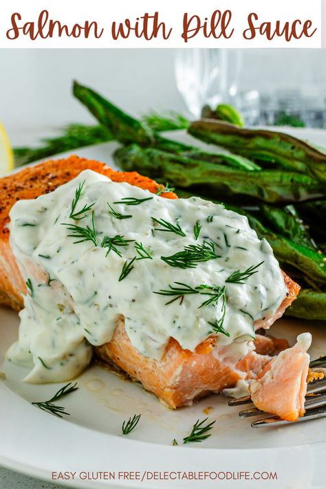 Creamy Sour Cream Dill Sauce on Salmon Salmon With Dill Sauce, Salmon With Creamy Dill Sauce, Moist Salmon, Dill Salmon Recipes, Salmon Capers, Yogurt Dill Sauce, Dill Sauce For Salmon, Salmon Recipes Baked Healthy, Lemon Dill Sauce