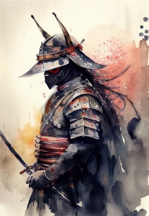 Samurai - watercolor drawing Watercolor Portrait Tutorial, Portrait Tutorial, Japanese Watercolor, Japanese Art Prints, Tinta China, Portrait Pictures, Samurai Art, Art Diary, Watercolor Drawing