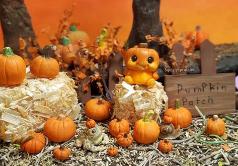 #miniature cute pumpkin patch #nature #autumn #fall scene display #dollhouse, #fairygarden, #terrarium, #diorama #halloween forrest Pumpkin Patch Diorama, Miniature Pumpkin Patch, Fall Diorama, Fairy Garden Pumpkin, Halloween Cubicle, Fall Landscaping, Halloween Village, Cute Polymer Clay, Autumn Crafts