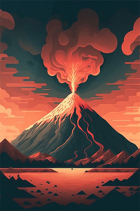 Volcanic Visions Poster Volcanic Eruption Drawing, Volcano Concept Art, Volcanic Eruption, Volcanic Eruption Background, Composite Volcano Drawing, Fantasy Volcano Art, Volcano Illustration Digital Art, Volcanic Eruption Painting, Volcano Artwork