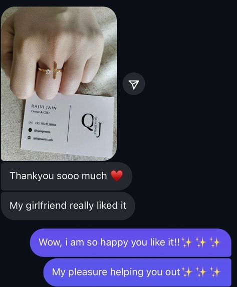 Nothing makes me more happy than a happy customer. We dont intend to just “sale” at Qala but leave an impact. This dear customer of ours wanted a promise ring made for his girlfriend. Both of us, sir and we brainstormed our way through ideas of what she would like and finally met on a common ground. We loved the whole process, but the best part was “after” when we received this message!✨ #customorder #silver #moissanite #micron #order #happycustomers #customers #consumers A Promise Ring, Common Ground, Happy Customer, Promise Ring, Promise Rings, Custom Orders, Ring, Silver, Quick Saves