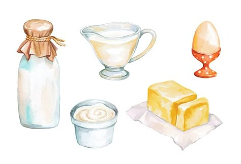 Vector watercolor set with food ingredie... | Premium Vector #Freepik #vector #dairy-product #milk-products #dairy-products #dairy Cookbook Drawings, Baking Watercolor, Dairy Drawing, Electronic Illustration, Dairy Art, Milk Illustration, Milk Drawing, Dnd Food, Diy Recipe Binder