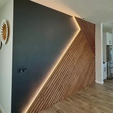 22  Aesthetic Bedroom Accent Wall Ideas (2024 Trends) - DrExplains Unique Wall Accent Ideas, 2 Feature Walls Living Room, Wall Design Wood Panel, 3d Feature Wall Ideas, Wood Slanted Wall, Simple Office Accent Wall, Masculine Accent Wall Bedroom, Wall Design With Led Lights, Den Accent Wall Ideas