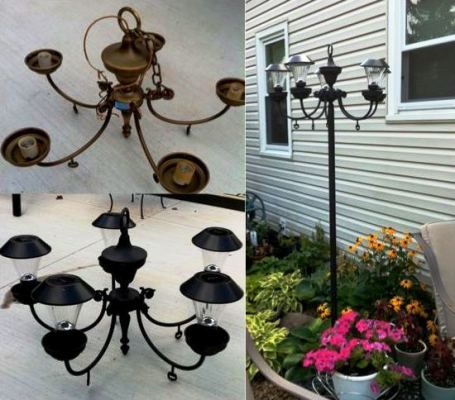 Great idea for making an outdoor light with an old chandelier and solar lights...I see another project in my future!  :-) Recycled Chandelier, Solar Chandelier Diy, Solaire Diy, Solar Chandelier, Solar Light Crafts, Flea Market Gardening, Vintage Light Fixtures, Outdoor Crafts, Old Lights