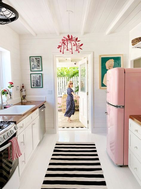 Coral House, Smeg Kitchen, Stray Dog Designs, Smeg Fridge, Cottage Kitchens, Bathroom Design Inspiration, Spot Lights, Retro Home, White Cabinets