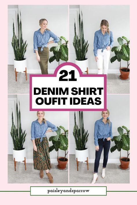 Here are 21 outfit ideas for your chambray or denim shirt! Outfits you can copy and to inspire you. Chambray Shirt Work Outfit, Denim Shirt And Black Jeans Outfit, Outfits With Chambray Shirts, Chambray Shirt With Jeans, Dark Blue Denim Shirt Outfit Woman, Long Chambray Shirt Outfit, Casual Denim Outfits Women, Denim Long Sleeves Outfit Women, Ladies Denim Shirt Outfit