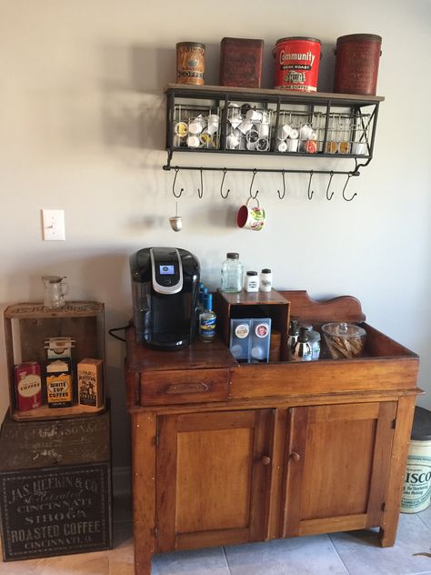 Coffee bar I made using an antique dry sink Antique Dry Sink Decor, Primitive Coffee Bar, Dry Sink Coffee Bar Ideas, Dry Sink Repurposed, Dry Sink Coffee Bar, Dry Sink Decor Ideas, Antique Coffee Bar, Diy Bar Ideas, Coffee Corner Kitchen