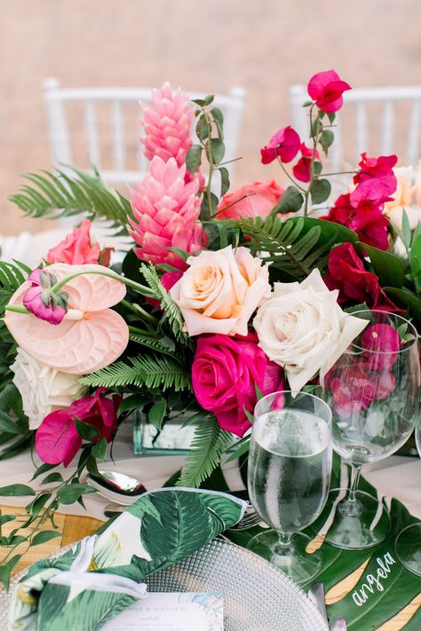 Spring Tropical Wedding, Tropical Flower Centerpieces Wedding, Green And Pink Wedding Decor, Pink Tropical Centerpieces, Tropical Pink Wedding, Pink Tropical Flower Arrangements, Bright Tropical Wedding Flowers, Tropical Wedding Theme Elegant, Hot Pink Beach Wedding