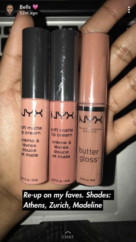 Nyx soft matte lip cream in Athens, Zurich; nyx butter gloss in Madeline  #nyx #lips #gloss Nyx Madeline Butter Gloss, Nyx Madeline, Velvet Teddy Mac, Nyx Matte Lip Cream, Nyx Lip Cream, Teknik Makeup, Lips Gloss, Nyx Soft Matte Lip Cream, Maquillage On Fleek