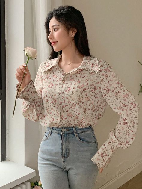 Ladies Fashionable And Elegant Ditsy Floral Long-Sleeved Versatile Shirt White Casual,Boho  Long Sleeve Polyester Plants,Ditsy Floral,All Over Print Shirt Non-Stretch Summer Women Clothing, size features are:Bust: ,Length: ,Sleeve Length: White Floral Shirt Outfit, Floral Shirt Outfit Women, Classy Shirts For Women, Floral Blouse Outfit, Floral Shirt Outfit, White Floral Shirt, Classy Blouses, Pink Floral Blouse, All Over Print Shirt