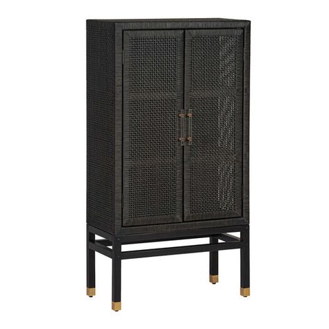 Cane Storage Cabinet, Lucite Hardware, Black Armoire, Den Furniture, Rattan Cabinet, Rattan Design, Rattan Cane, Furniture Storage Cabinets, Tall Cabinet