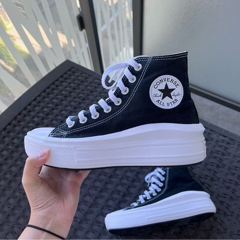 CONVERSE Black Chuck Taylor All Star Move High Sneakers (US 7.5) Chunky Converse Shoes, Chunk Taylor Converse, Thick Converse, All Star Converse Black, Black All Star Converse, Converse Chunky, Black Hightop Converse, Chunky Converse, Converse Move