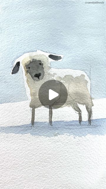 Bird Watercolor Tutorial, Snowmen Drawings, Line Drawing Watercolor, Animals In Watercolor, Cute Christmas Watercolor, Watercolor Nativity Tutorial, Paintings Christmas, Animals To Paint, How To Paint A Sheep Step By Step