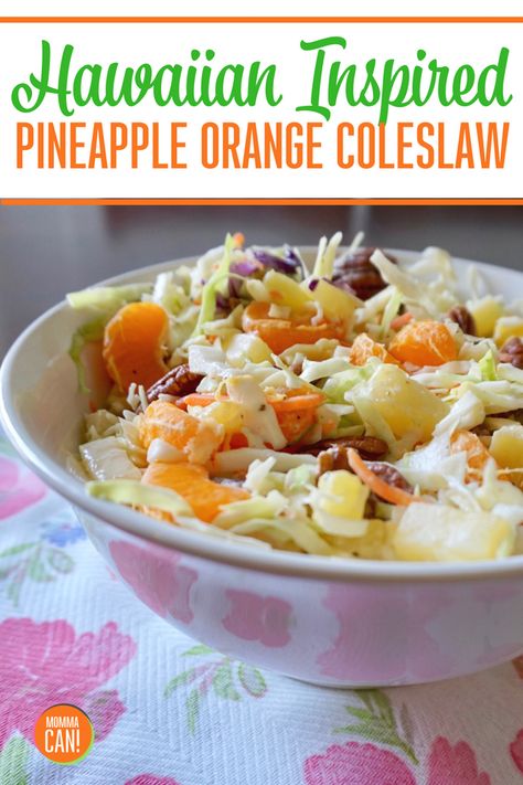 You gotta try this amazing Hawaiian Inspired Pineapple Coleslaw Recipe This pineapple, mandarin orange, cabbage slaw is a perfect side dish for Picnics and BBQ . #hawaiian #coleslaw #recipe #oranges #cabbage Hawaiian Coleslaw Recipe, Pineapple Coleslaw Recipe, Hawaiian Coleslaw, Pineapple Coleslaw, Picnic Side Dishes, Slaw Recipes, Coleslaw Recipe, Hawaiian Food, Cabbage Slaw