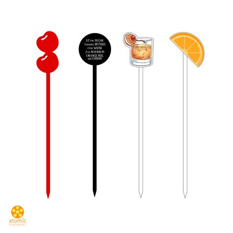 These Old Fashioned Stirs are stir sticks and cocktail picks. This set includes: Red Cherries "Garnish", Old Fashioned Recipe, Color UV Printed Classic Old Fashioned Cocktail and Color UV Printed Orange Slice. DETAILS: • Made from 1/8" thick acrylic • Packaged as set of 4 • Reusable, hand wash