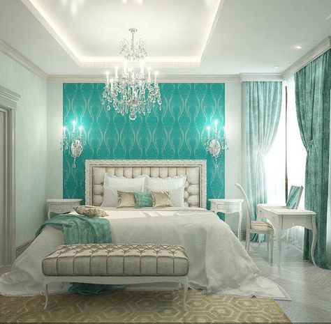 Tiffany Inspired Bedroom, Tiffany Blue Rooms, Tiffany Blue Bedroom, Tiffany Bedroom, Traditional Style Bedroom, Bedroom Glam, Light Blue Bedroom, Blue Room Decor, Turquoise Room