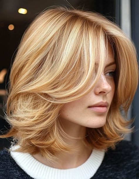 Layered Bob Haircut, Golden Blonde Layered Lob Golden Blonde Bob Hairstyles, Short Layered Blonde Hairstyles, Hair 2024 Fall Trends, Strawberry Blonde Hair Bob, Voluminous Bob Haircut, Warm Lowlights For Blondes, Blonde Bob With Layers, Short Layered Blonde Hair, Mid Length Blonde Hair With Layers