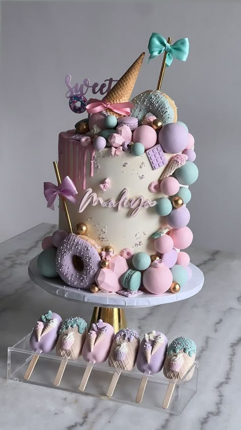 Pastel dream! ☺️🎀🍦🩵 . . . . #cakesicles #cakesiclesofinstagram #treatmaker | Instagram Pastel Colored Cake, Cakes Design, 5th Birthday Cake, Beautiful Cake Designs, Chocolate Covered Treats, Candy Cakes, Beautiful Cake, Sweet Snacks Recipes, Cool Birthday Cakes