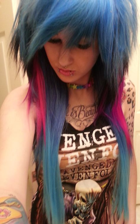 LAST ONE LEFT blue black pink wig //emo girl scene punk gothic raver //bangs // ombre // long on Etsy, $139.99 Layered Scene Hair, Scene Kid Hair, Scene Queen Hair, Emo Hair Color, Scene Girl Fashion, Emo Hairstyle, Witchy Hair, Emo Scene Girls, Emo Scene Hair