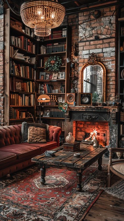 Cozy Vintage Interior: A warm and inviting vintage-styled living room with a lit fireplace and shelves of books. #cozy #vintage #living #room #fireplace #books #warm #inviting #aiart #aiphoto #stockcake https://ayr.app/l/MygC Fireplace Aesthetic Cozy, Fireplace And Shelves, Fireplace Books, Cozy Vintage Living Room, Books Cozy, Living Room Fireplace, Room Fireplace, Cozy Coffee Shop, Cosy Room