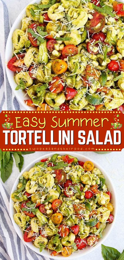 Summer Tortellini Salad-this easy tortellini pasta salad has all of your favorite summer ingredients: tomatoes, Red Pepper, corn, cucumbers, and the BEST basil vinaigrette. It is the perfect salad for summer potlucks. Memorial Day Salads, Easy Tortellini Pasta Salad, Summer Tortellini, Basil Vinaigrette Dressing, Summer Ingredients, Easy Tortellini, Tortellini Pasta Salad, Salad Summer, Pasta Salad With Tortellini