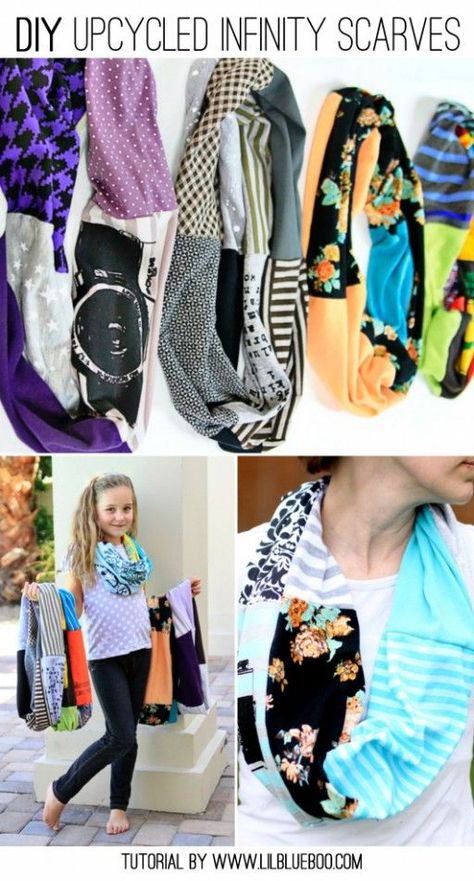 DIY Upcycled Infinity T-Shirt Scarf | Ashley Hackshaw / Lil Blue Boo T Shirt Recycle, Pompon Tulle, Fabric Recycling, Diy Infinity Scarf, Ropa Upcycling, Infinity Scarfs, Shirt Scarf, Sewing Projects Clothes, Diy Vetement