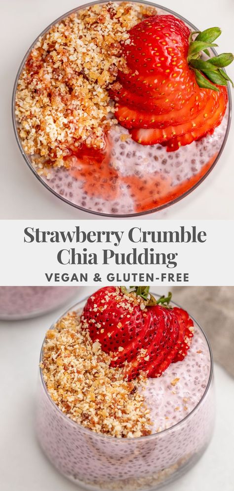 This strawberry crumble chia pudding takes 15 minutes to prep for an easy make ahead breakfast that pulls from the nostalgia of a warm berry crumble. Berry Breakfast Ideas, Chai Pudding Breakfast, Chia Breakfast Pudding, Vegan Chia Pudding, Peach Chia Pudding, Strawberry Chia Pudding, Chia Pudding With Berries, Easy Vegan Chia Pudding, First Watch Chia Pudding Recipe