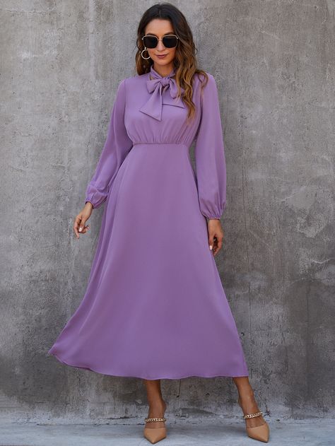 Lilac Purple Elegant  Long Sleeve Polyester Plain A Line Embellished Non-Stretch Spring Women Dresses Lavander Dress Outfit, Denim Outfit Black Women, Purple Dress Outfits, Summer Frocks, Purple Long Dress, Modest Dresses Casual, Lantern Sleeve Dress, Easter Outfit, Spring Women