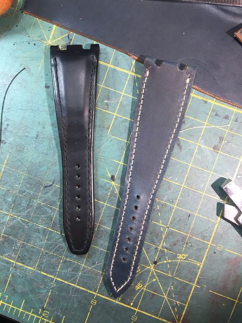 Horween Chromexcel Royal Oak strap under construction from 922Leather.com #watchuseek #leathercraft #leathergoods #techsew #watchstraps Horween Chromexcel, Leather Watch Strap, Royal Oak, Watch Strap, Leather Craft, Under Construction, Leather Watch, 1 Piece, Sewing