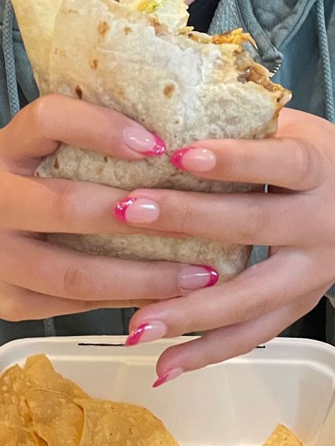 Dips With Tips Nails, Almond Short Summer Nails, Pink Sparkle Outfit Aesthetic, Pink Nails With Sparkle Tips, Hot Pink Sparkle French Tip, Magenta Tips Nails, Sparkly Pink French Tip Acrylic Nails, Pink Chrome French Tip Nails Short, Pink Sparkle French Tip Nails Almond