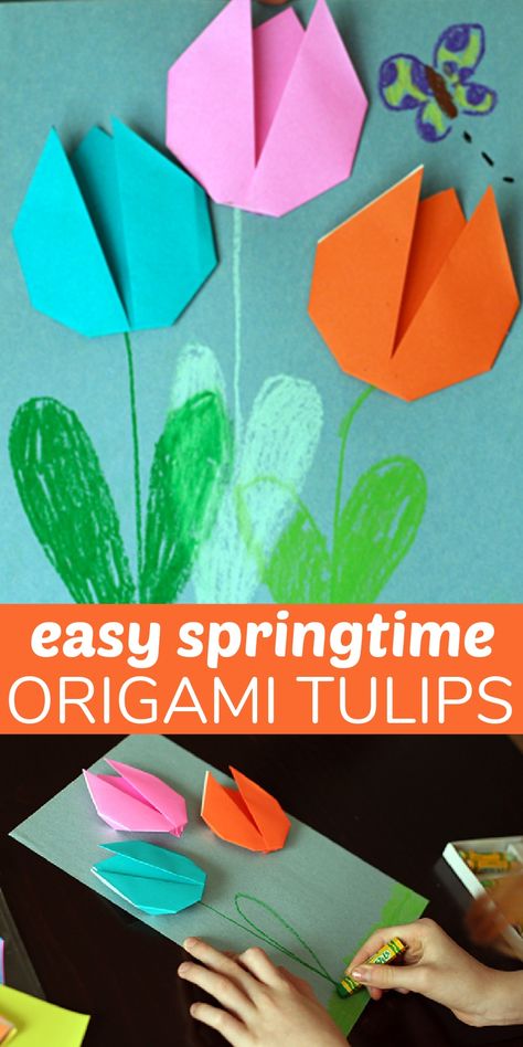 Easy origami tulips art and handmade cards for kids to make. Tulips Craft For Kids, Tulip Crafts For Kids, Easy Paper Tulips, Tulip Cards Handmade, Tulip Origami Easy, Tulip Flower Making With Paper, Paper Folding Tulip Flower, Tulip Craft, Springtime Art