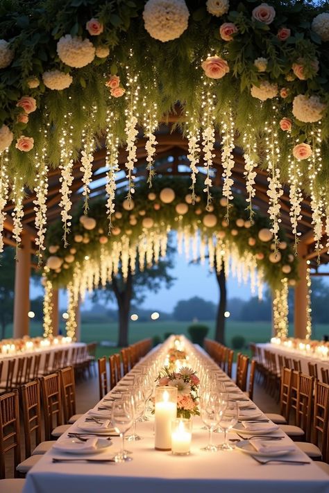 Long table under a canopy of lights and flowers. Unlock a secret garden of enchanting wedding decor ideas that promise to transform your venue into a dreamy, botanical paradise. Fairy Garden Wedding Ideas, Magical Wedding Theme, Garden Wedding Decor Ideas, Enchanted Wedding Decor, Ethereal Garden Wedding, Fairy Garden Wedding, Outdoor Backyard Wedding, Ethereal Garden, Garden Wedding Decor