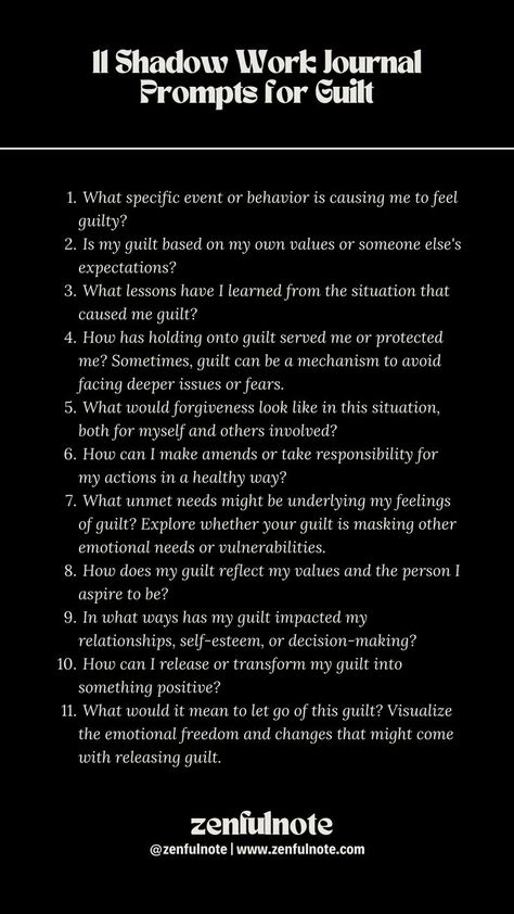 Shadow work focusing on guilt involves exploring the origins of these feelings, understanding their impact on your life, and finding ways to release or reconcile with them. Guilt can be a complex emotion, often tied to past actions, perceived failures, or internalized expectations. Dealing With Guilt, Work Journal Prompts, Shadow Work Journal Prompts, Shadow Work Spiritual, Shadow Work Journal, God's Healing, Journal Questions, Healing Journaling, Work Journal