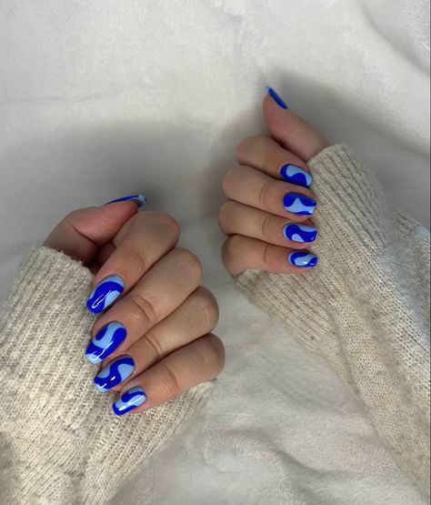 Swirl Blue Nails, Blue Drip Nails, Blue On Blue Nails, Blue Swirls Nails, Blue Monochrome Nails, Vibrant Blue Nails, Nails Blue And Purple, Blue Abstract Nails, Fun Blue Nails