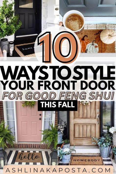 Feng Shui: 10 Fall Front Door Welcome Mat ideas that will bring in good energy — ASHLINA KAPOSTA Styling Front Door Area, Simple Fall Front Door Decor, Front Door Decoration Ideas, Apartment Door Decor Entrance Outside, Front Door Mats Layered, Apartment Front Door Decor Entrance, Front Door Rugs Outdoor, Apartment Door Decor Entrance, Front Door Styling