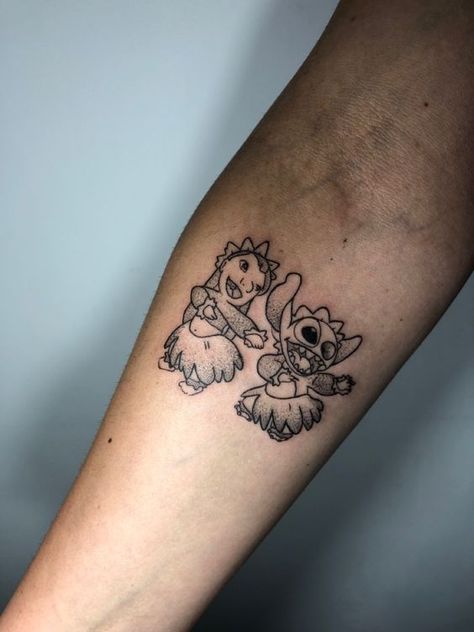 Stitch Tattoo Ideas. - MELTBLOGS Stitch Tattoo Simple, Tattoo Ideas Stitch, Whip Shading Tattoo, Stitch Tattoo Ideas, Cute Couple Tattoo Ideas, Cute Couple Tattoo, Matching Tattoos For Couples, Lilo And Stitch Tattoo, Shading Tattoo