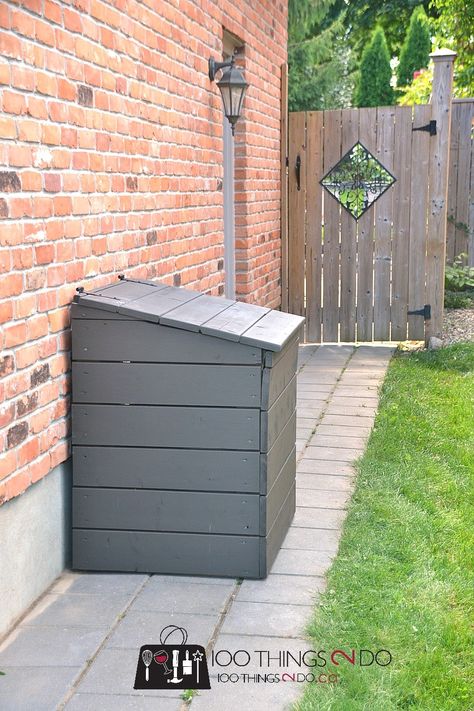 DIY outdoor garbage bin, outdoor garbage shed, outdoor garbage can enclosure Diy Outdoor Storage Shed, Garbage Can Enclosure, Outdoor Garbage Can, Outdoor Garbage Storage, Garbage Can Shed, Trash Can Storage Outdoor, Shed Inspiration, Outdoor Storage Bin, Garbage Can Storage