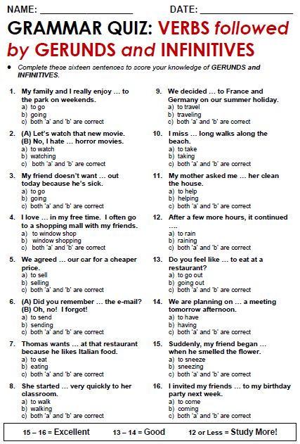 Free printable PDF grammar worksheets, quizzes and games, from A to Z, for EFL/ESL teachers. GERUNDS  and INFINITIVES Verb Infinitive And Gerund, Gerund And Infinitive Worksheets, Esl Worksheets For Adults, Gerunds Worksheet, To Infinitive, Gerunds And Infinitives, English Grammar Test, English Grammar Quiz, Esl Grammar