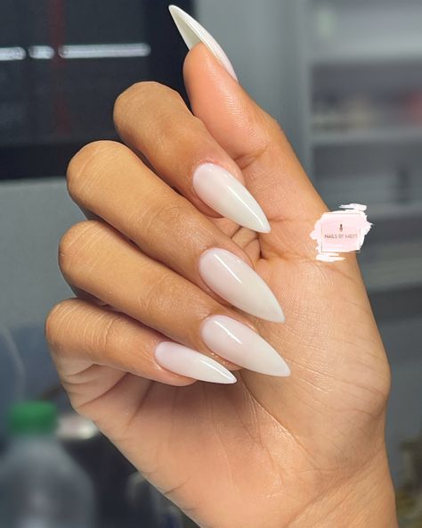 White Nails Pointy Shape, Milky White Nails Pointy, Milky White Nails Acrylic Almond Long, Stilleto Nails Mid Length, Silky White Nails, Bubble Bath Stilleto Nails, Almond Acrylic Nails Milky White, Creamy White Almond Nails, White Nails Stiletto Long