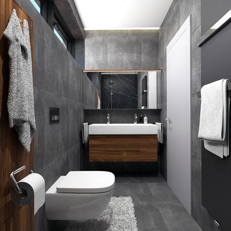 Small bathroom #grey #anthracite #blackmarble #walnut on Behance Small Bathroom Grey, Bathroom Tiles Floor, Pretty Bath, Small White Bathrooms, Vray Sketchup, Modern Powder Rooms, White Bathroom Mirror, Bathroom Grey, Japanese Bathroom