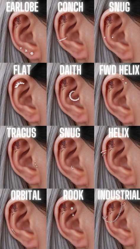 Impuria Ear Piercing, Ušný Piercing, Stile Pin Up, Ear Piercing Ideas, Unique Ear Piercings, Ear Piercings Chart, Piercing Chart, Ear Piercing Jewelry, Types Of Ear Piercings