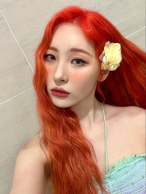 Wilted Rose, Red Song, Red Orange Hair, Orange Icons:), Alt Outfits, Hair Icon, Dara Kpop, Orange Hair, Kpop Aesthetic